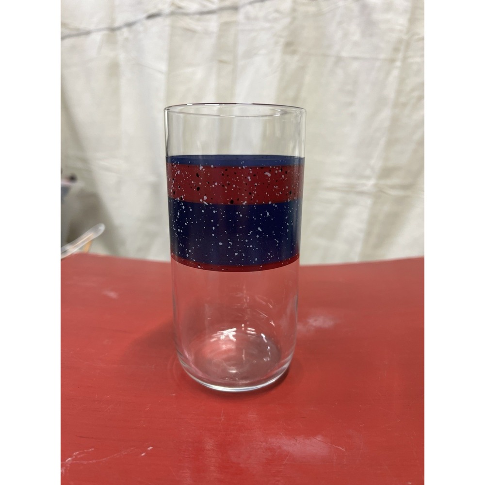 Vtg‎ Tea Water Glasses~Clear w/Blue/Red Speckled Rings MCM Tumblers